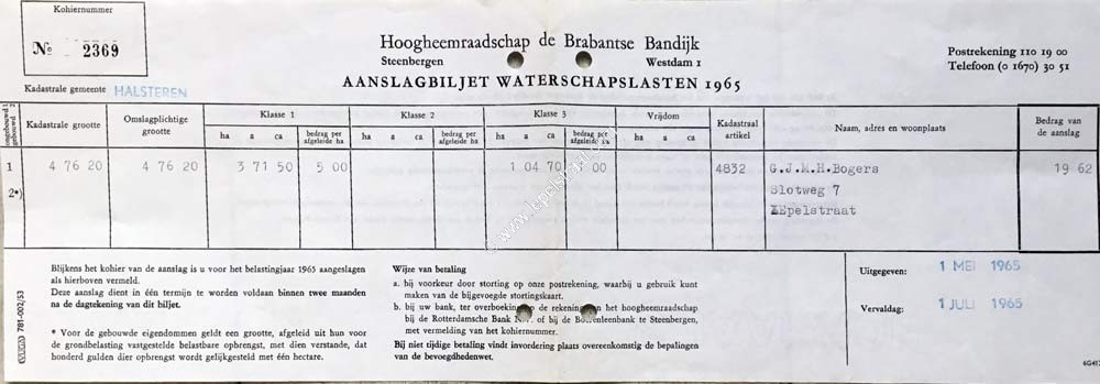 Aanslagbiljet waterschapslasten Hoogheemraadschap de Brabantse Bandijk Steenbergen.